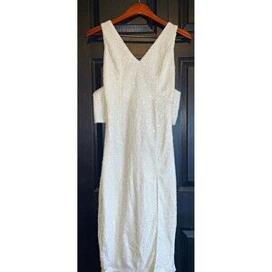 INA White Sequin Bow V-Neck Sleeveless Lined Knee Length Dress Size S